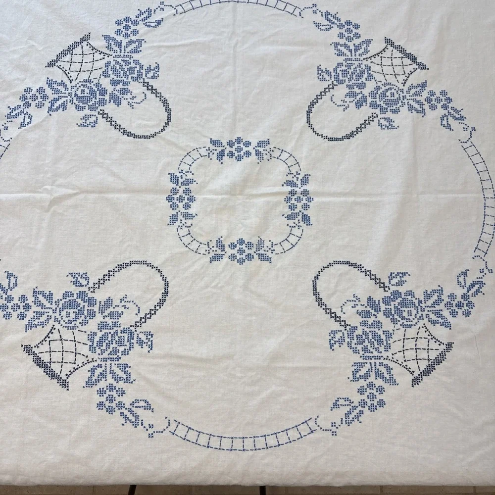 Vtg Cross Stitch Tablecloth Cotton Embroidery Blue White Basket Floral Stains